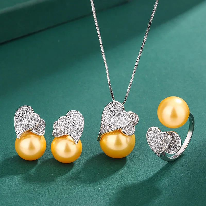 925 Sterling Silver Double Heart with Big Pearl Set
