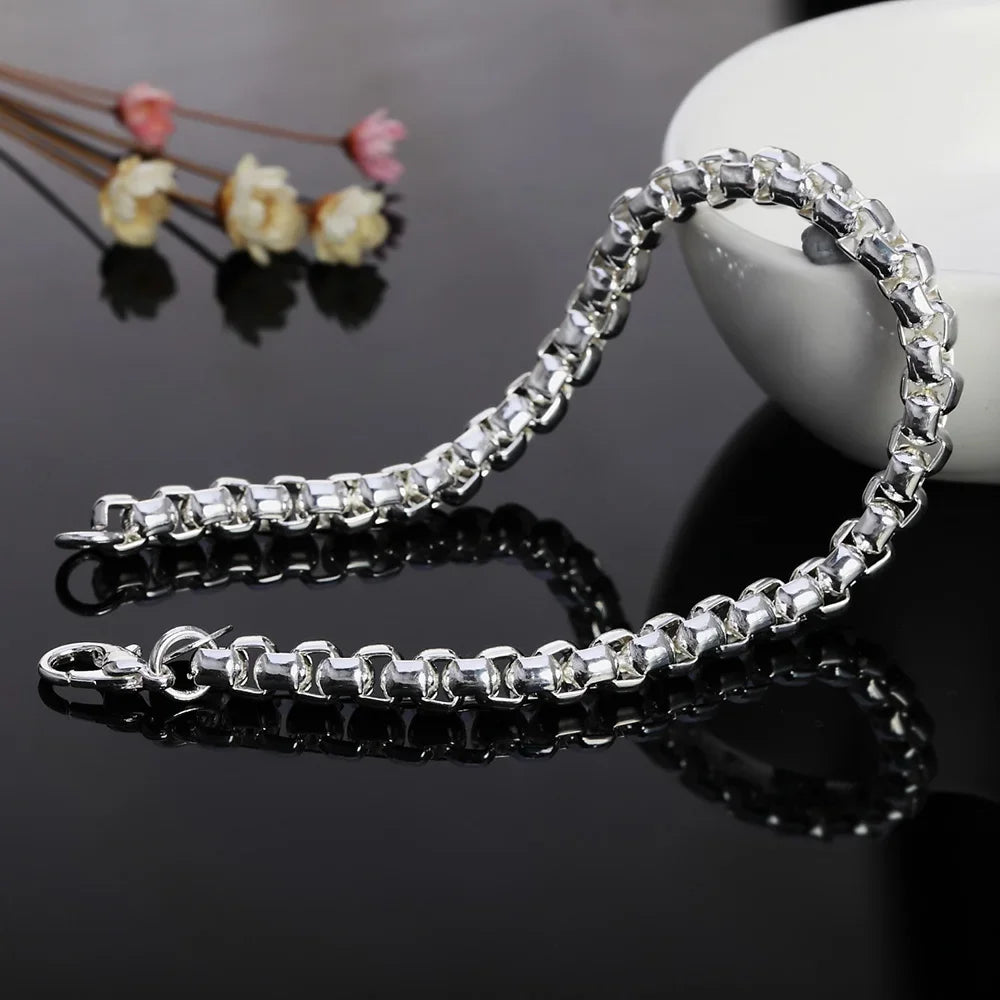 45-60cm 925 Sterling Silver 4mm Round Box Chain Necklace Bracelet set
