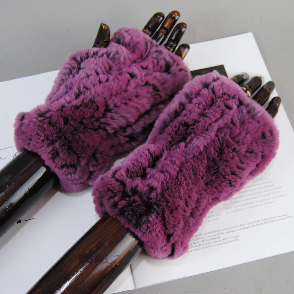 Women's Knit Fur Mitten 100% Real Genuine Knitted Rex Rabbit Fur Fingerless Gloves