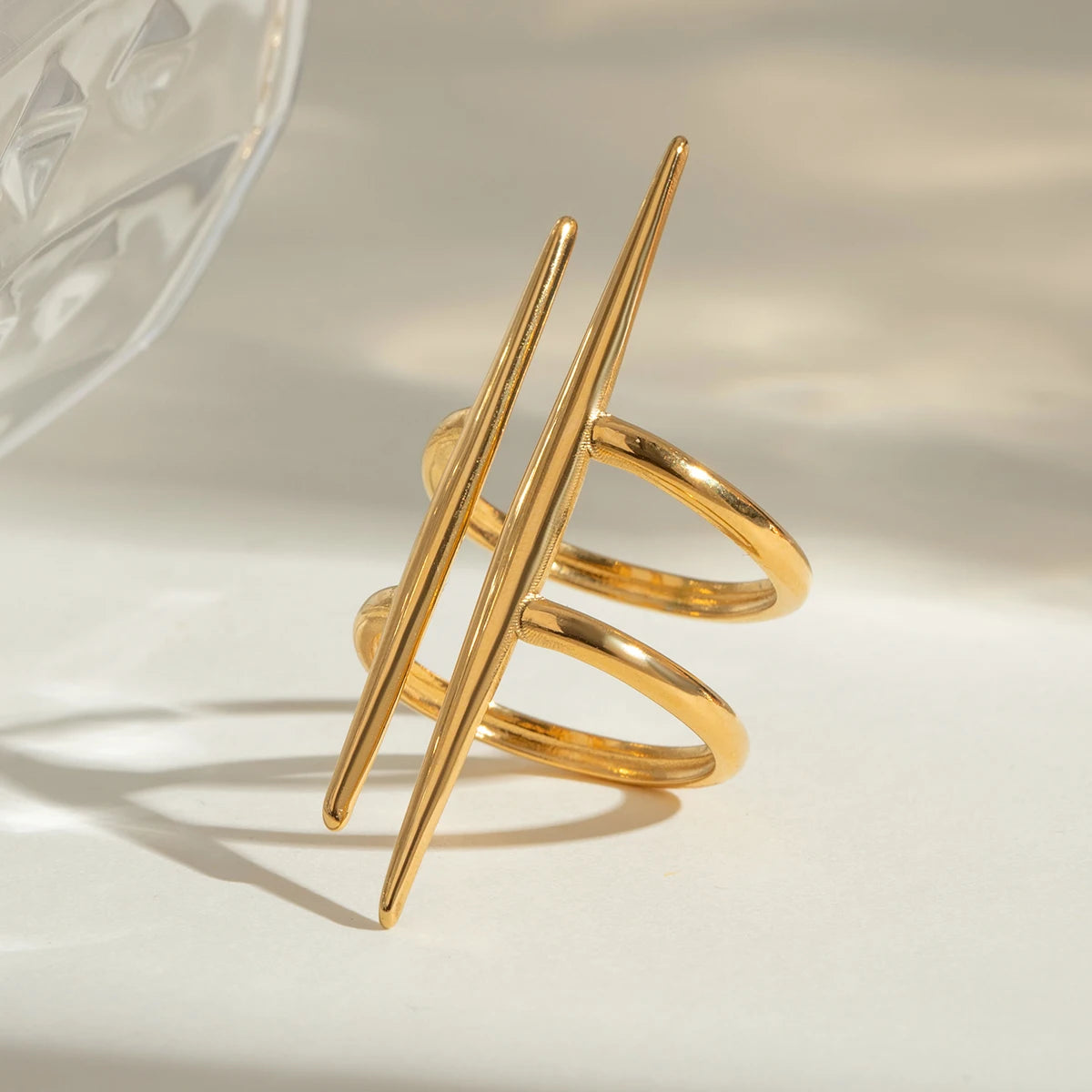 Stainless Steel Vintage 18K Gold Plated Parallel Double Line Hollowed ring