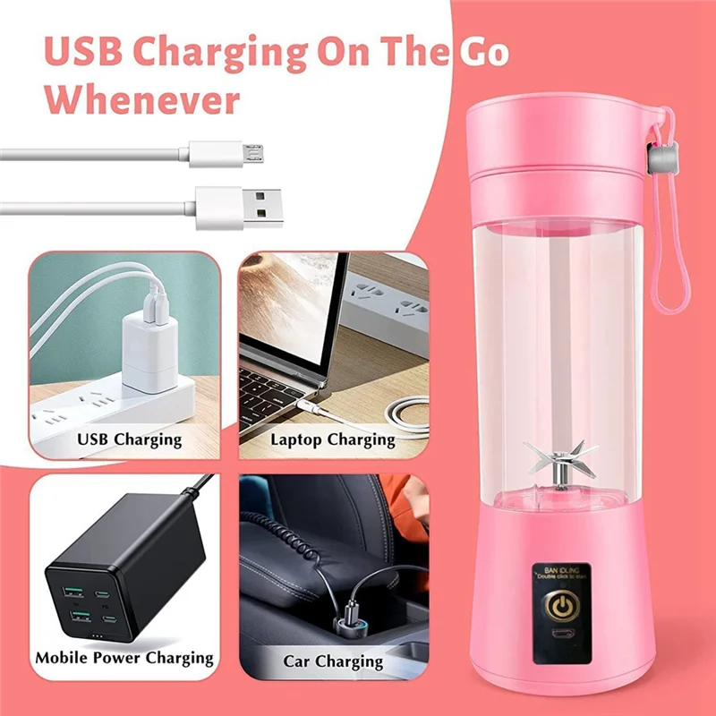 Portable and  Rechargeable USB 380Ml Traveling Fruit Juicer Cup with 6 Blades