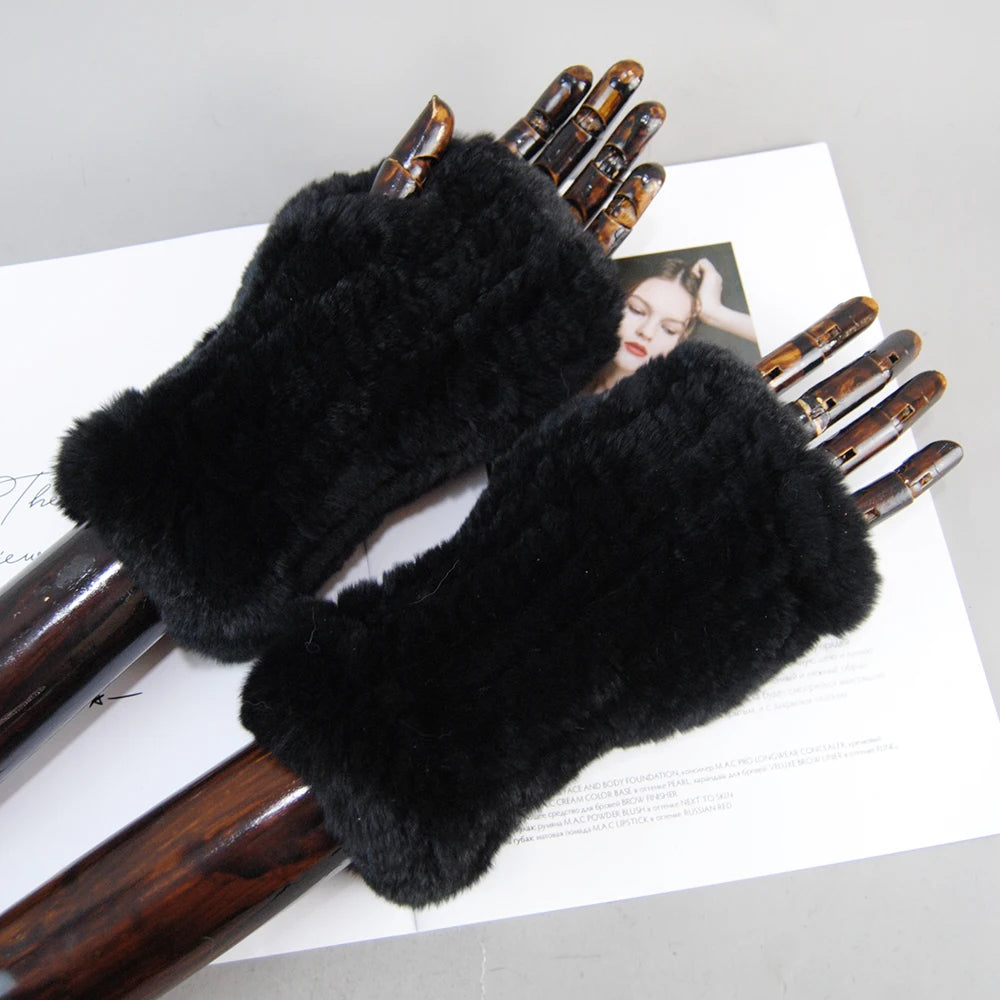 Women's Knit Fur Mitten 100% Real Genuine Knitted Rex Rabbit Fur Fingerless Gloves