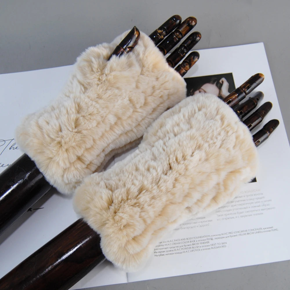 Women's Knit Fur Mitten 100% Real Genuine Knitted Rex Rabbit Fur Fingerless Gloves