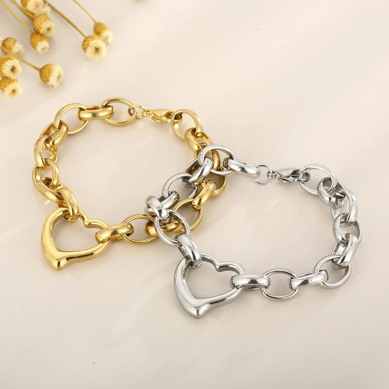 Stainless Steel Heart Pendant Necklace & Bracelet Set