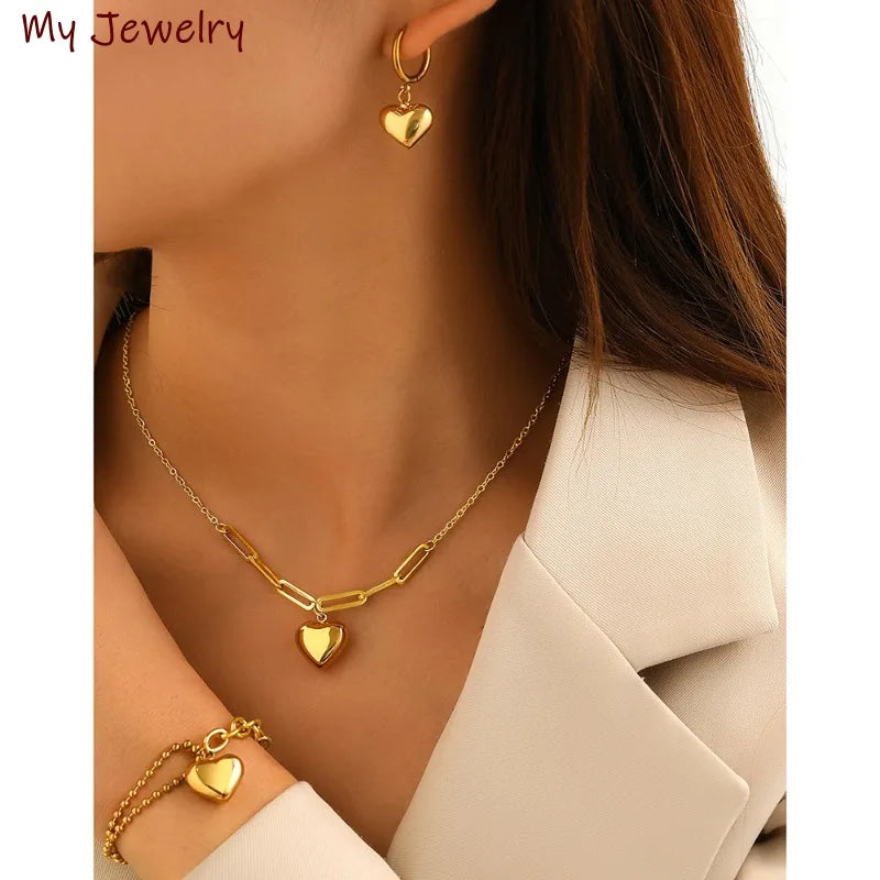Elegant Simple Bracelet Love Earrings Heart-shaped Pendant Necklace Women's Set