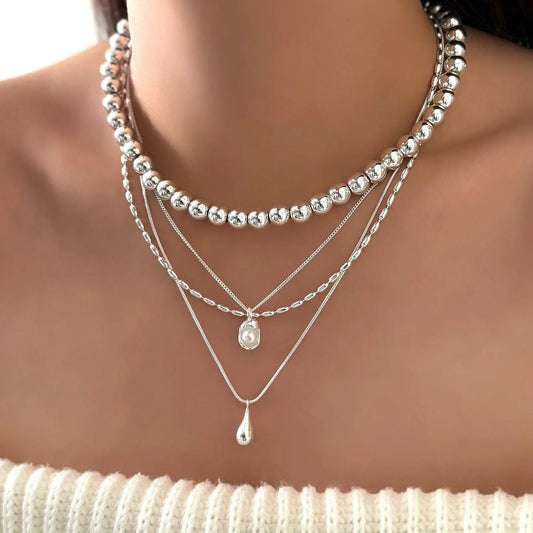 Layered Water Drop Pendant Necklace - Stackable Beaded Chain