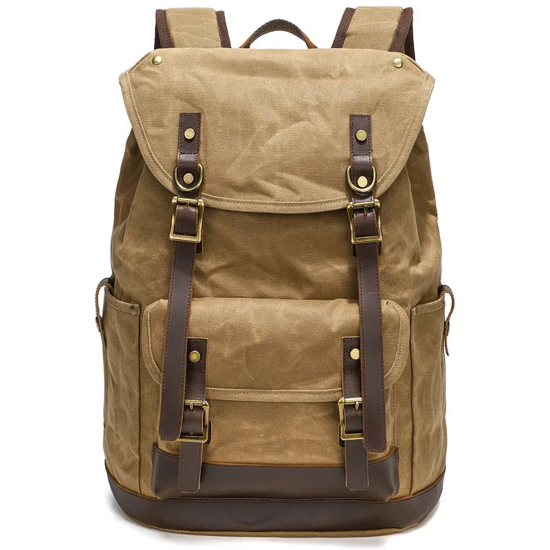 Backpack Men's Women's Vintage Wax Canvas Tactical Travel Bag Large Capacity Outdoor Mountaineering Camping Leather Backpack