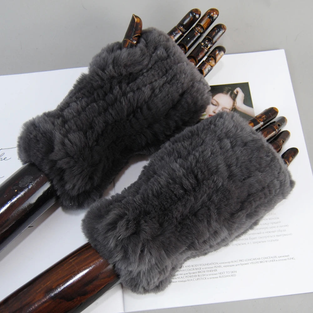 Women's Knit Fur Mitten 100% Real Genuine Knitted Rex Rabbit Fur Fingerless Gloves