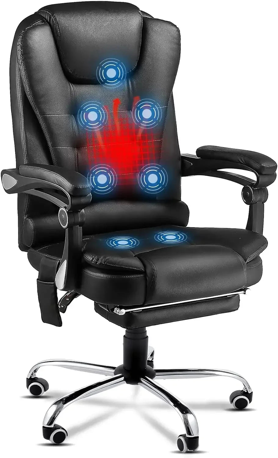 Ergonomic  Leather Reclining Heat & Massage High Back Desk Chair w/Retractable Footrest,