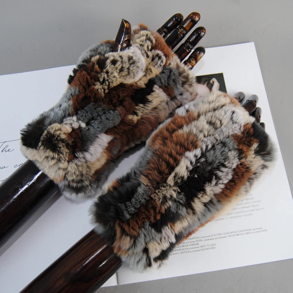 Women's Knit Fur Mitten 100% Real Genuine Knitted Rex Rabbit Fur Fingerless Gloves