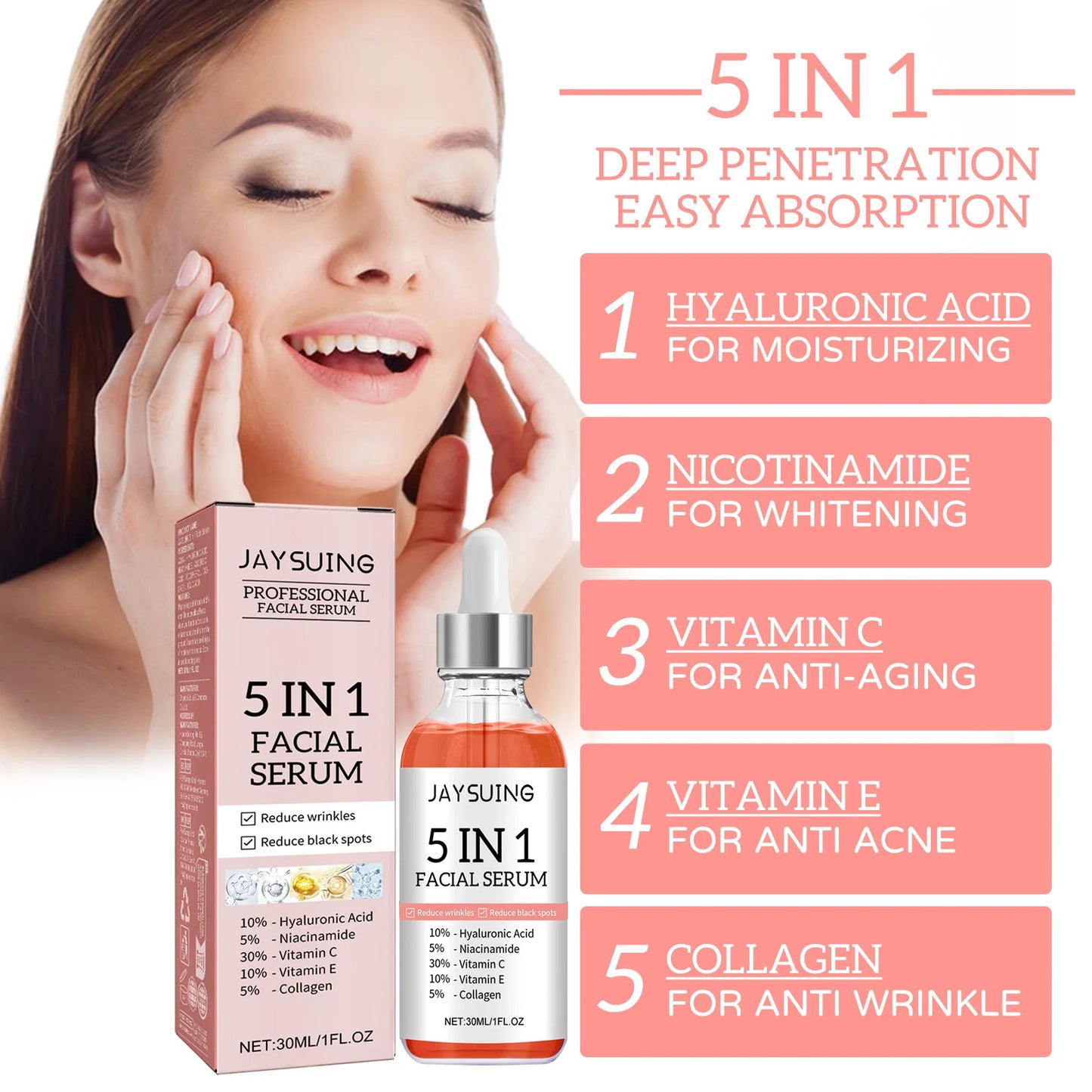 5 In 1 Facial Serum Brightening Vitamin C Hyaluronic Acid Face Serum