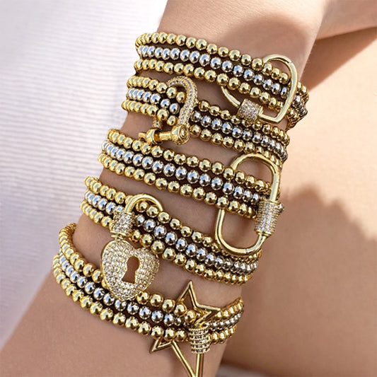 18K GP stackable Beads Elastic Pulseras Zirconia Charm Bracelets - BOGO 🔥