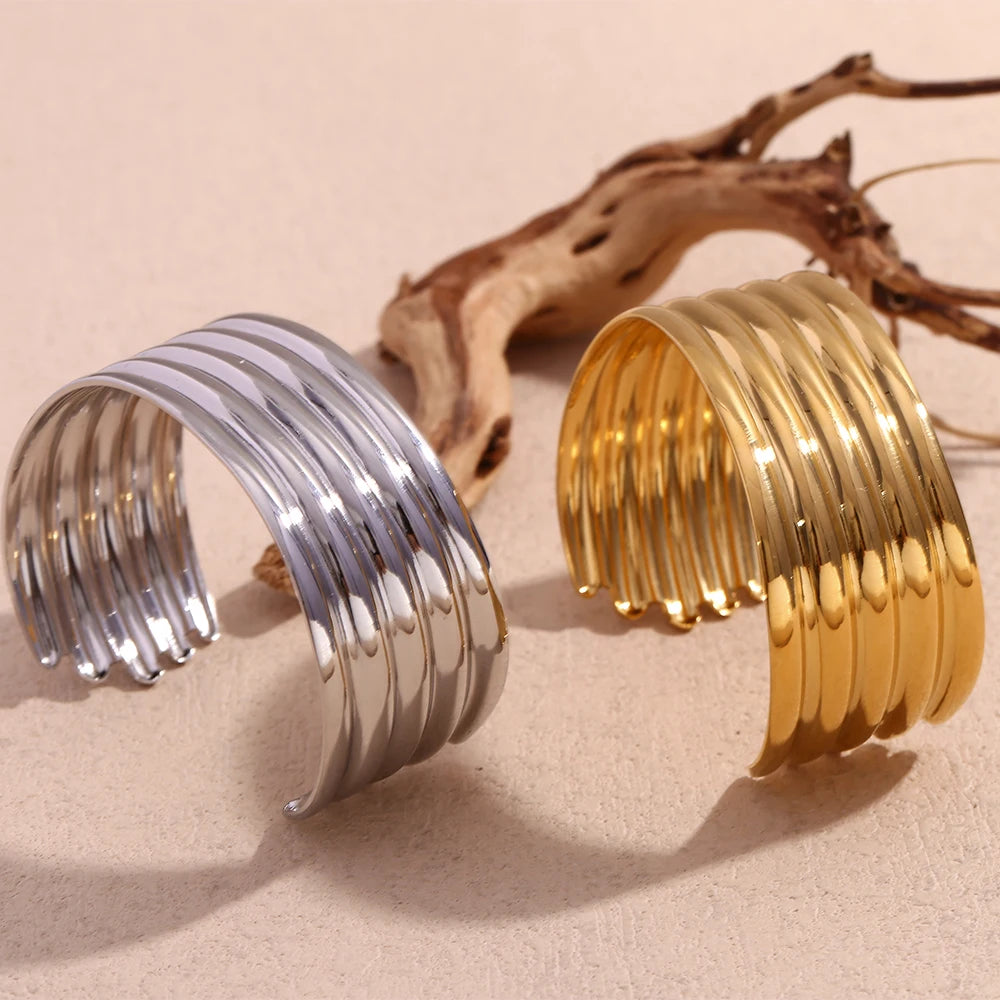E.B.belle Exaggerated Multi layered Wide Faced Open Bracelet 18K Gold Plated Jewelry 316L Stainless Steel Women's Hand Bracelets