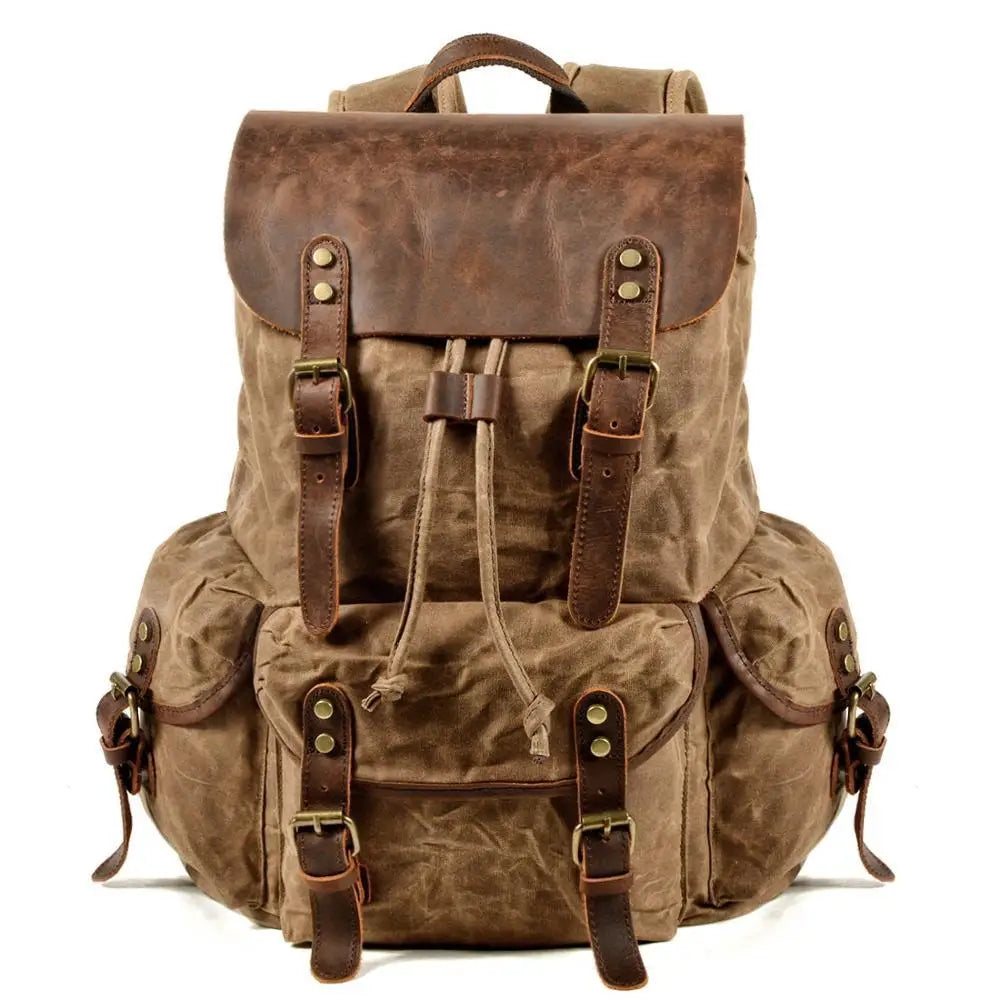 Backpack Men's Women's Vintage Wax Canvas Tactical Travel Bag Large Capacity Outdoor Mountaineering Camping Leather Backpack