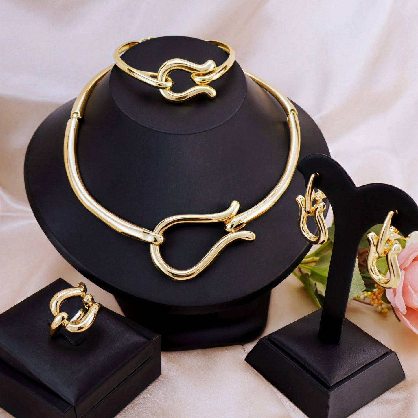Women Gold Color Choker Necklace Earrings Bracelets Ring - Buy One Get One 🔥