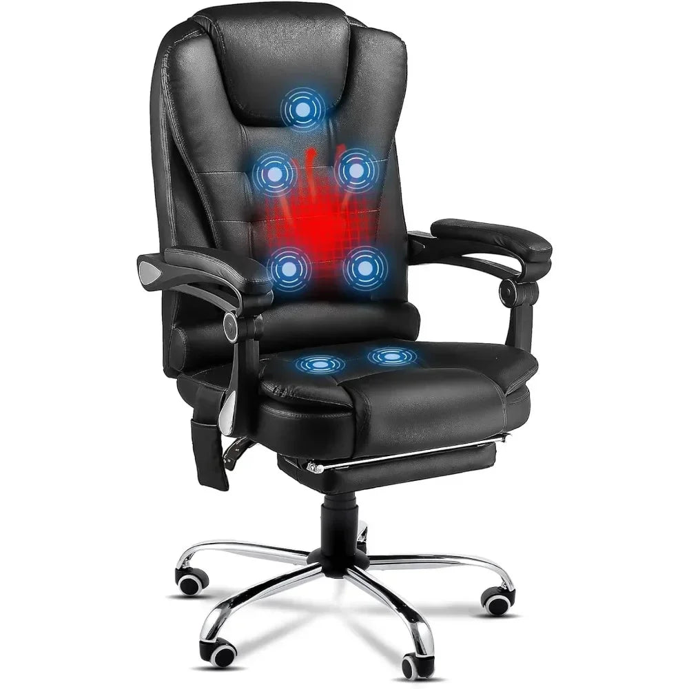 Ergonomic  Leather Reclining Heat & Massage High Back Desk Chair w/Retractable Footrest,