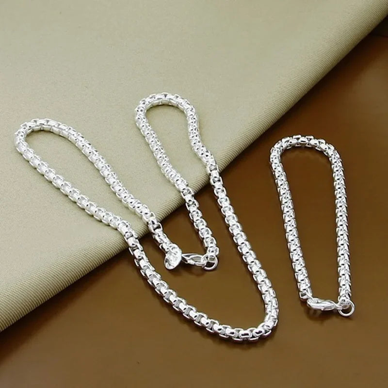 45-60cm 925 Sterling Silver 4mm Round Box Chain Necklace Bracelet set