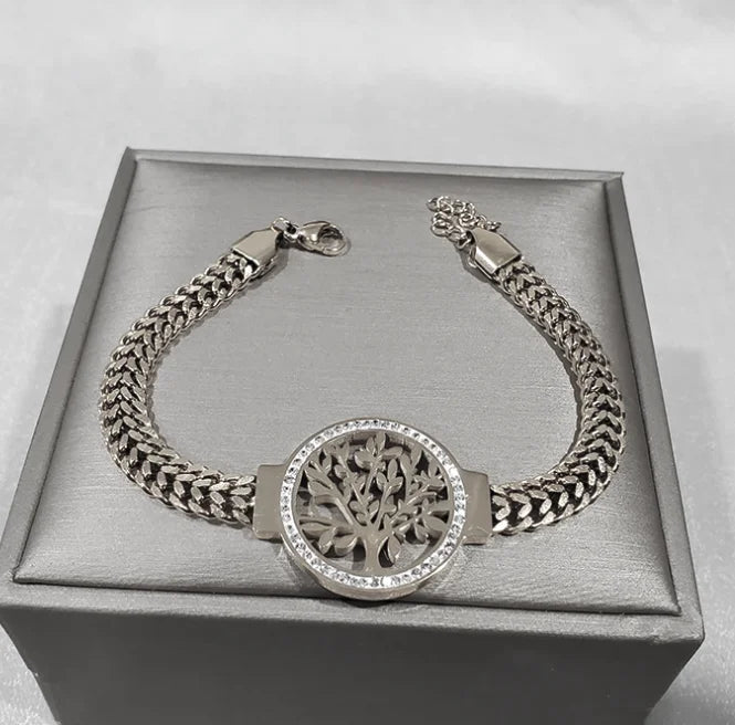 Stainless Steel Jewelry Set: Tree of Life Necklace, Bracelet & Hoop Earrings with Cubic Zirconia Accents