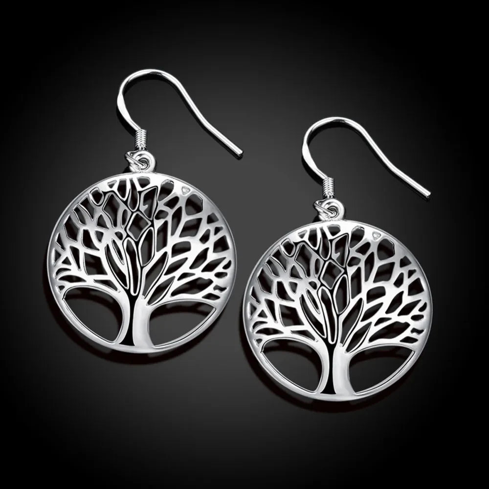 925 Sterling Silver Earrings for Women high quality Jewelry Hollow Carved Round tree