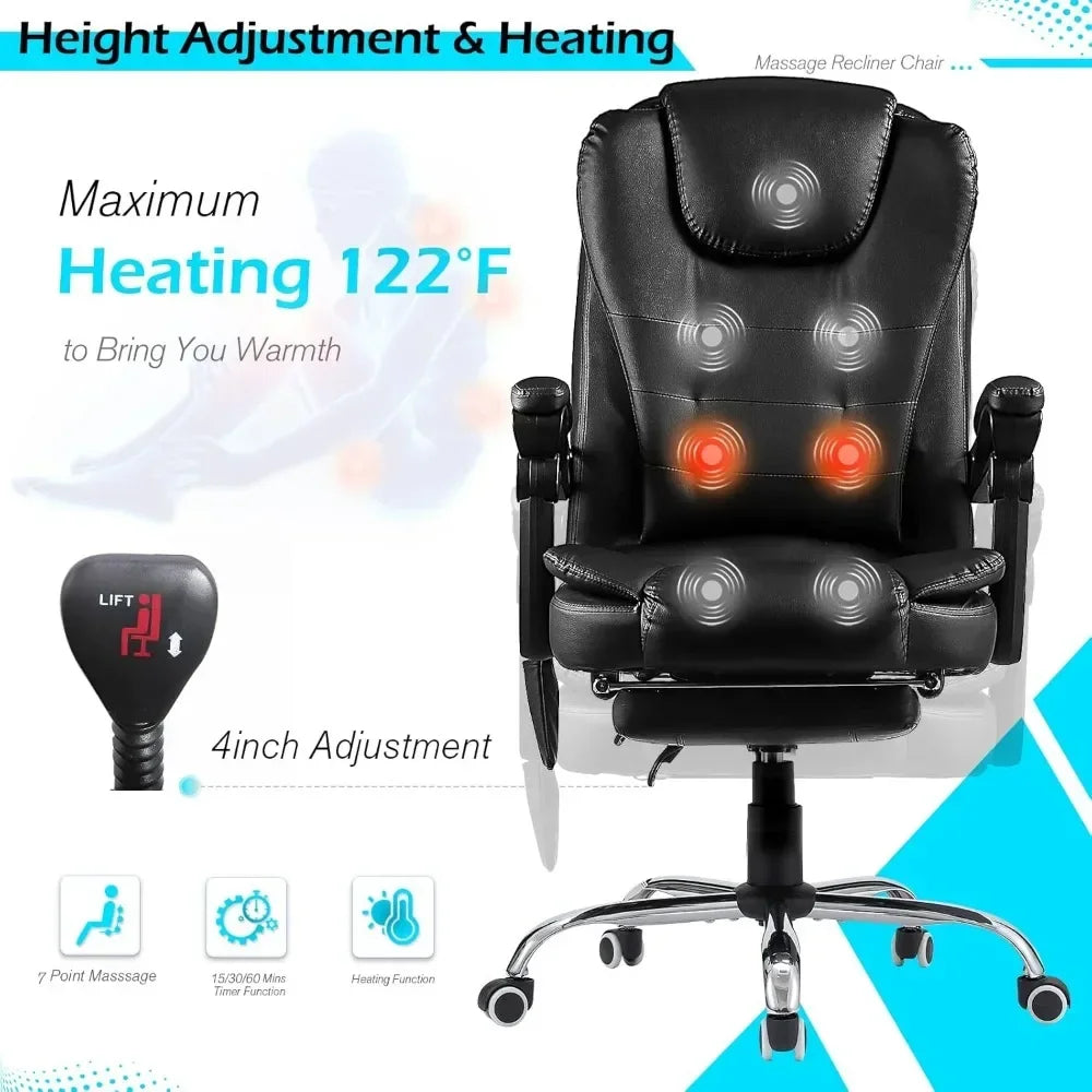 Ergonomic  Leather Reclining Heat & Massage High Back Desk Chair w/Retractable Footrest,