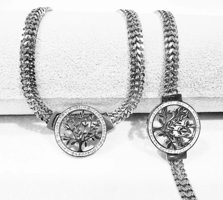 Stainless Steel Jewelry Set: Tree of Life Necklace, Bracelet & Hoop Earrings with Cubic Zirconia Accents