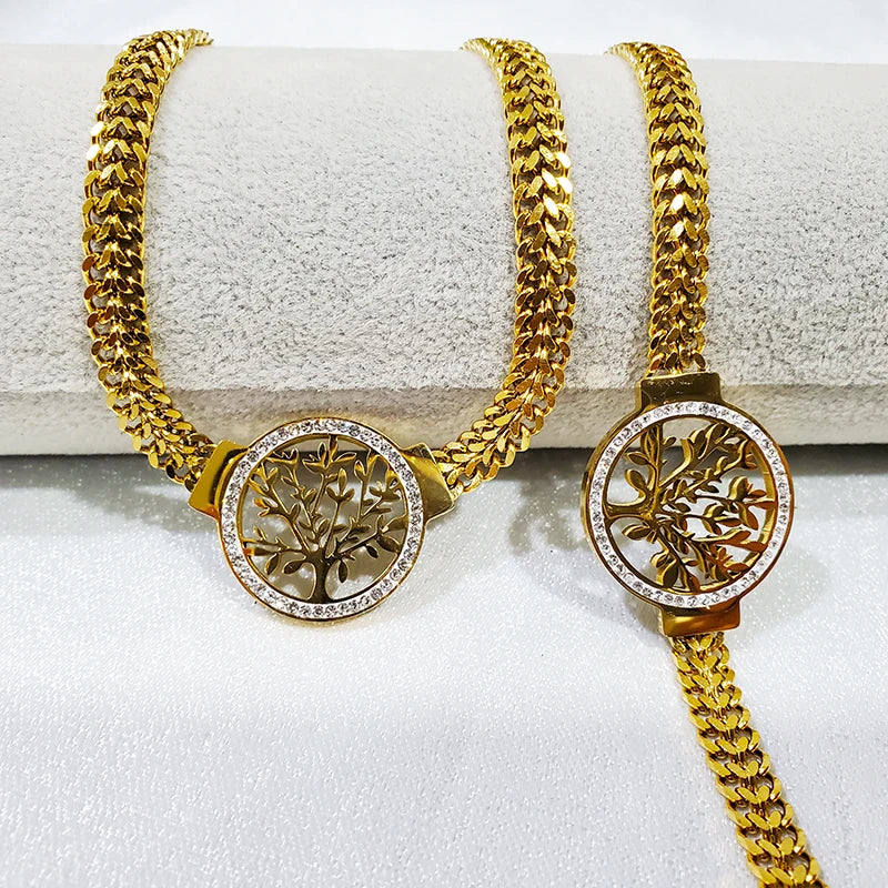 Stainless Steel Jewelry Set: Tree of Life Necklace, Bracelet & Hoop Earrings with Cubic Zirconia Accents