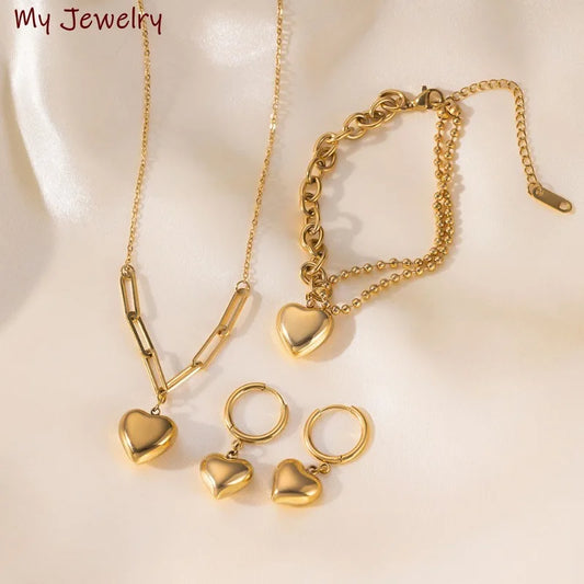 Elegant Simple Bracelet Love Earrings Heart-shaped Pendant Necklace Women's Set