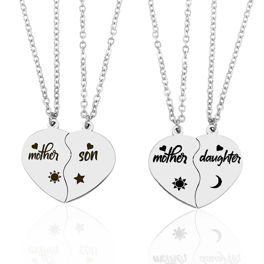 Mother Son Pendant, Silver Heart Puzzle Necklace