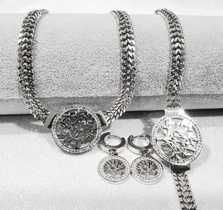 Stainless Steel Jewelry Set: Tree of Life Necklace, Bracelet & Hoop Earrings with Cubic Zirconia Accents