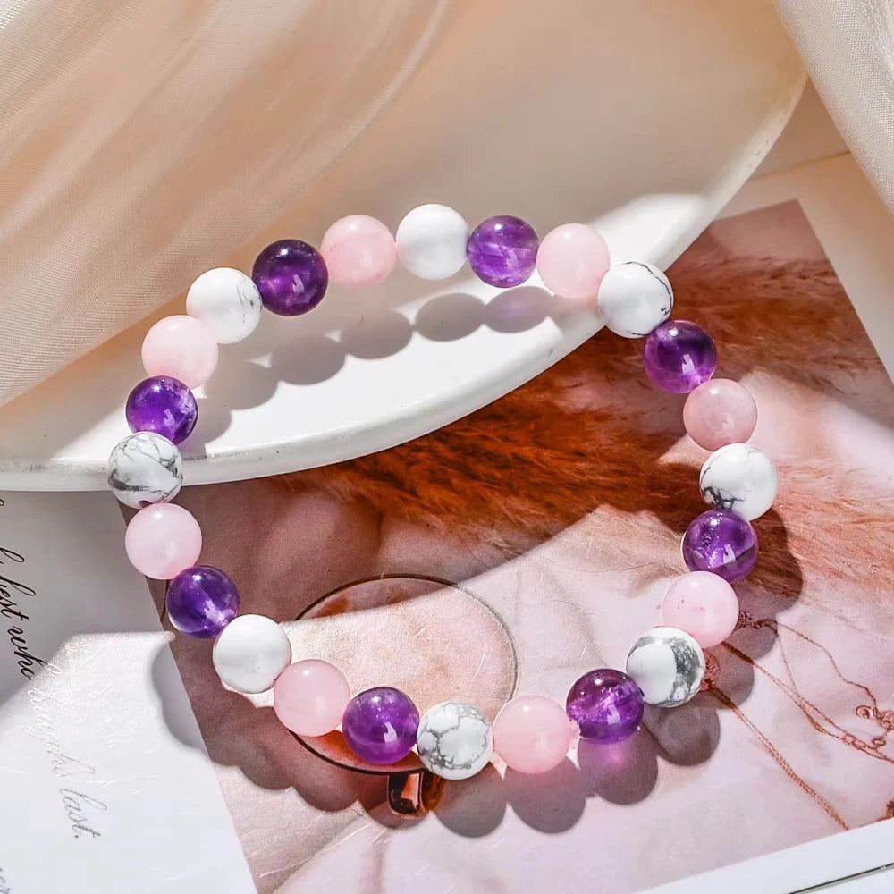 Amethyst - Rose Quartz Natural Stone Aura Balancing Sleep Bracelet for Women
