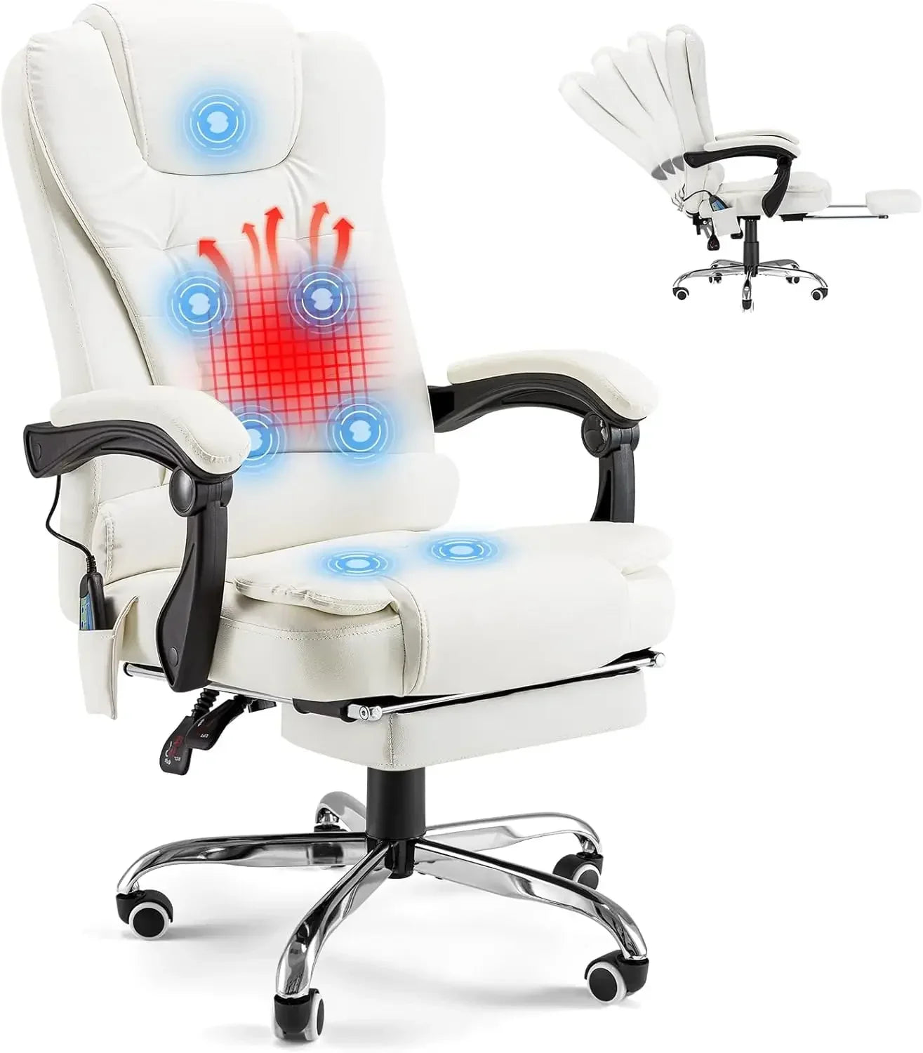 Ergonomic  Leather Reclining Heat & Massage High Back Desk Chair w/Retractable Footrest,