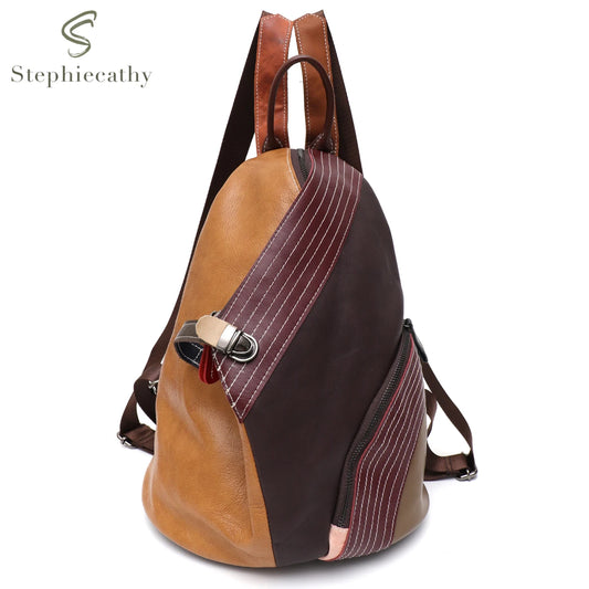 SC Niche Design Genuine Leather Backpack Men&Women Multi Color Zip Pockets Large Casual Vintage Travel Shoulder Bag Unisex Daily