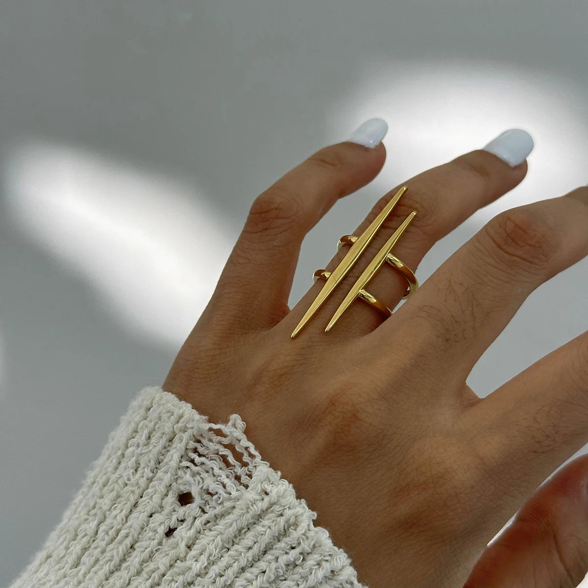 Stainless Steel Vintage 18K Gold Plated Parallel Double Line Hollowed ring