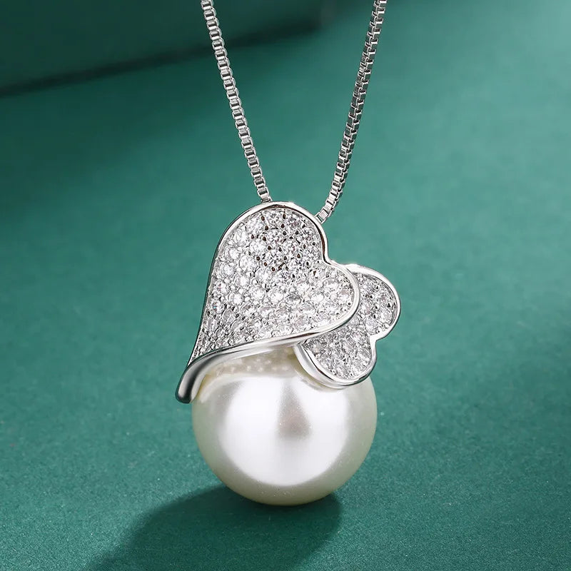 925 Sterling Silver Double Heart with Big Pearl Set