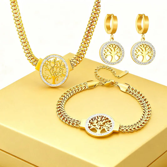 Stainless Steel Jewelry Set: Tree of Life Necklace, Bracelet & Hoop Earrings with Cubic Zirconia Accents