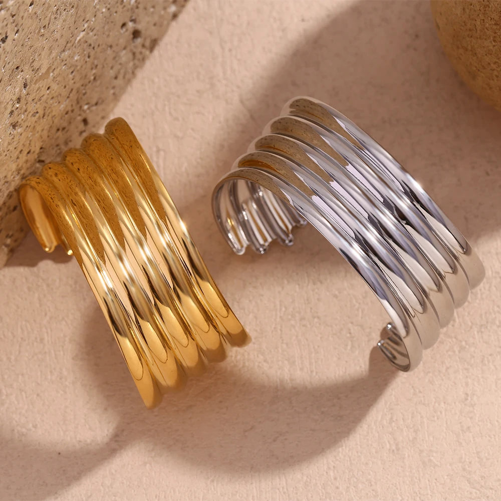 E.B.belle Exaggerated Multi layered Wide Faced Open Bracelet 18K Gold Plated Jewelry 316L Stainless Steel Women's Hand Bracelets