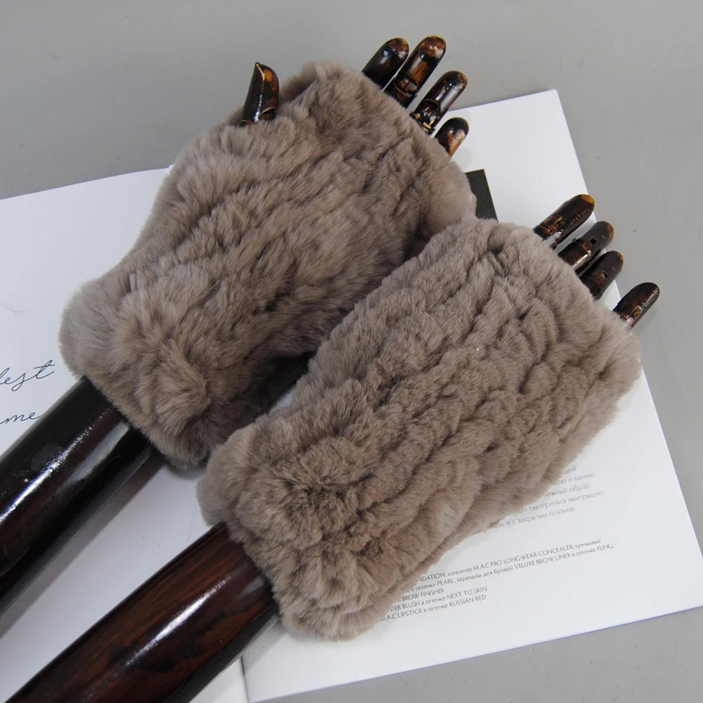 Women's Knit Fur Mitten 100% Real Genuine Knitted Rex Rabbit Fur Fingerless Gloves