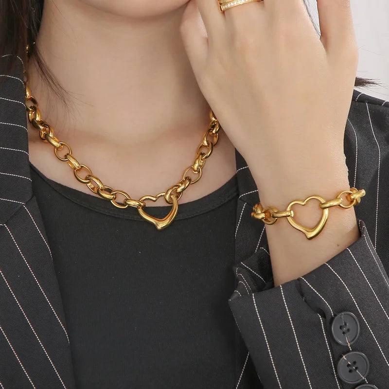 Stainless Steel Heart Pendant Necklace & Bracelet Set