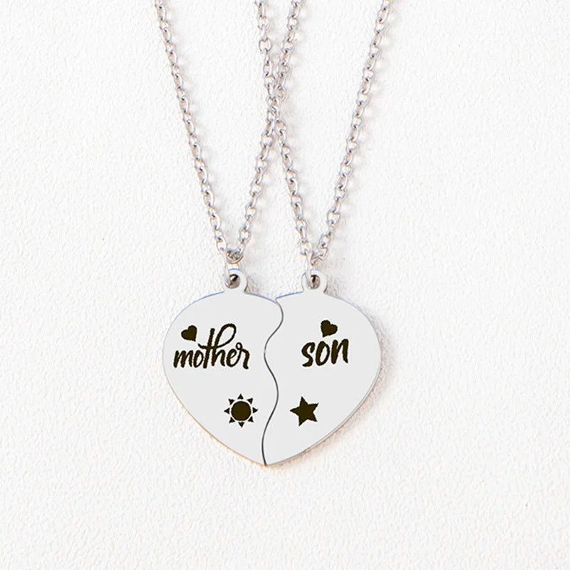 Mother Son Pendant, Silver Heart Puzzle Necklace