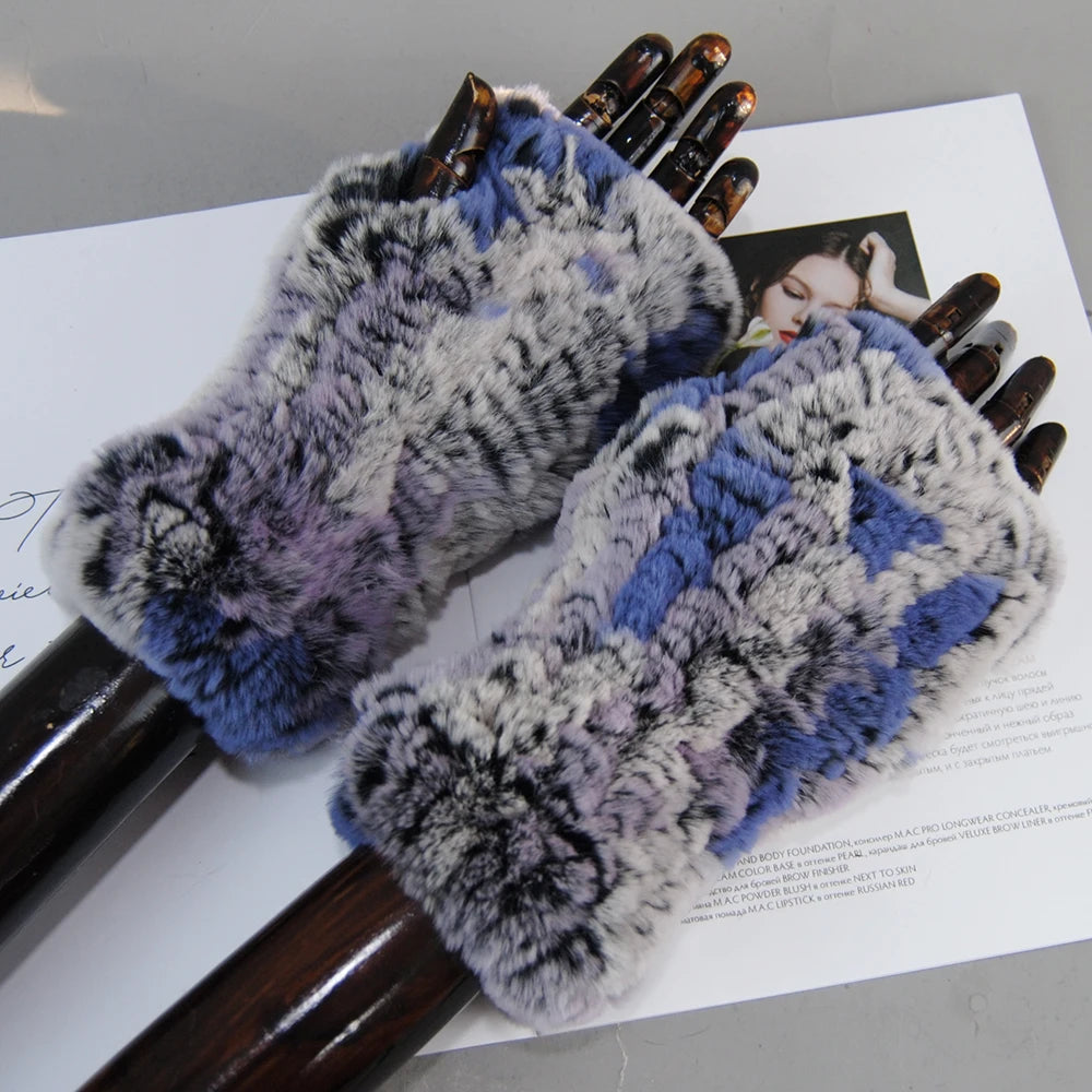 Women's Knit Fur Mitten 100% Real Genuine Knitted Rex Rabbit Fur Fingerless Gloves