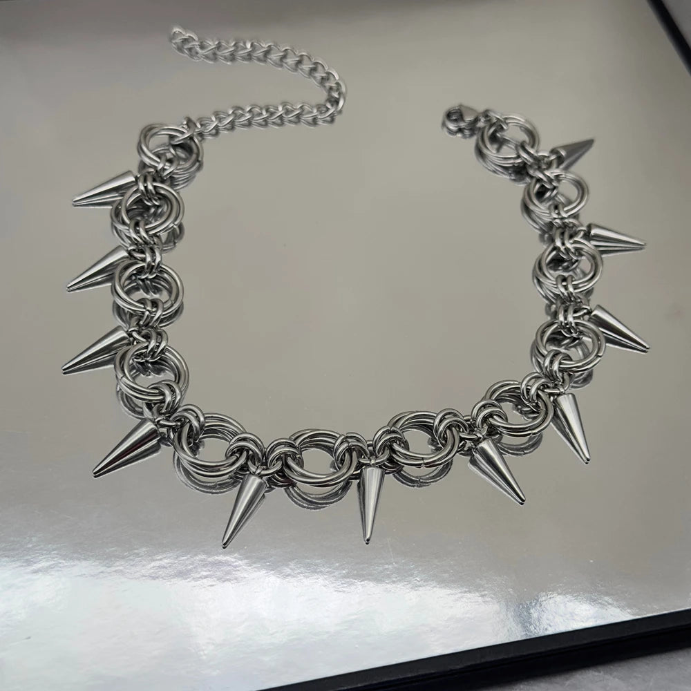 Goth Spiky Choker Necklace Handmade Stainless Steel Rivet Spike Necklace