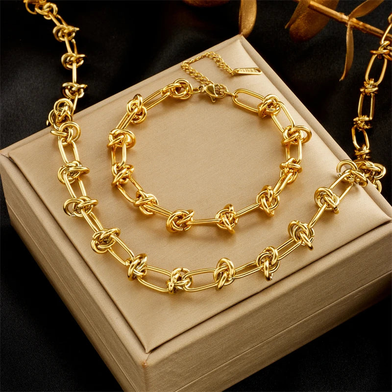 Stainless Steel Gold Silver Color Twist Knot Necklace Bracelets  Set - BOGO Free 🔥