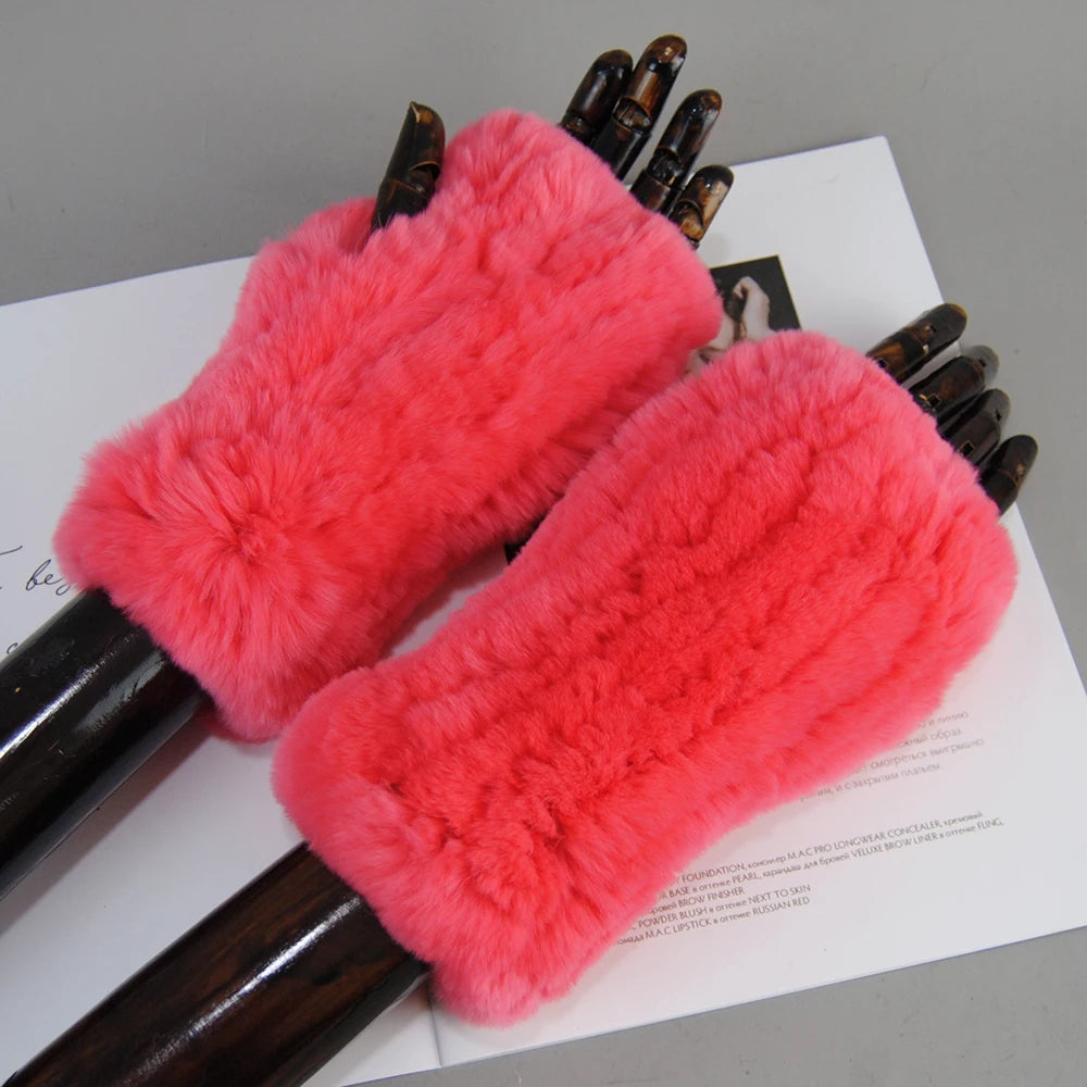 Women's Knit Fur Mitten 100% Real Genuine Knitted Rex Rabbit Fur Fingerless Gloves