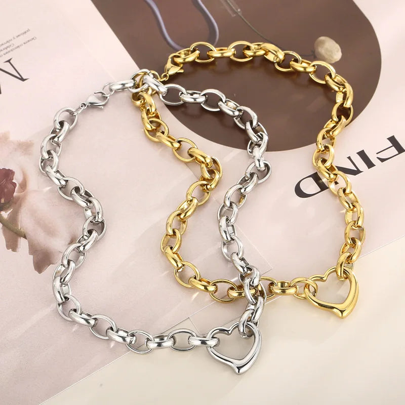 Stainless Steel Heart Pendant Necklace & Bracelet Set