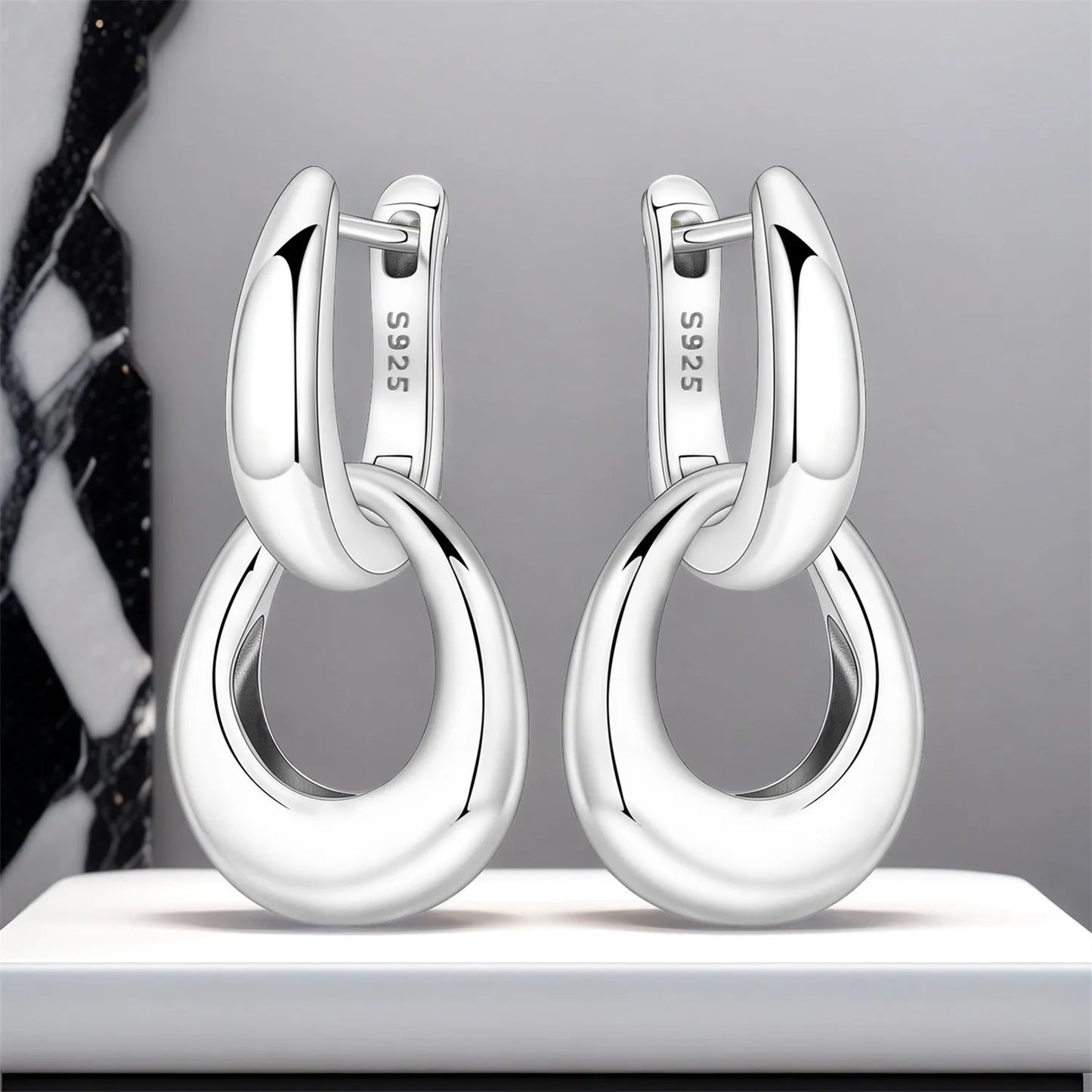 925 Sterling Silver Double Loop Drop Earrings for Women | Minimalist Dangle Earrings