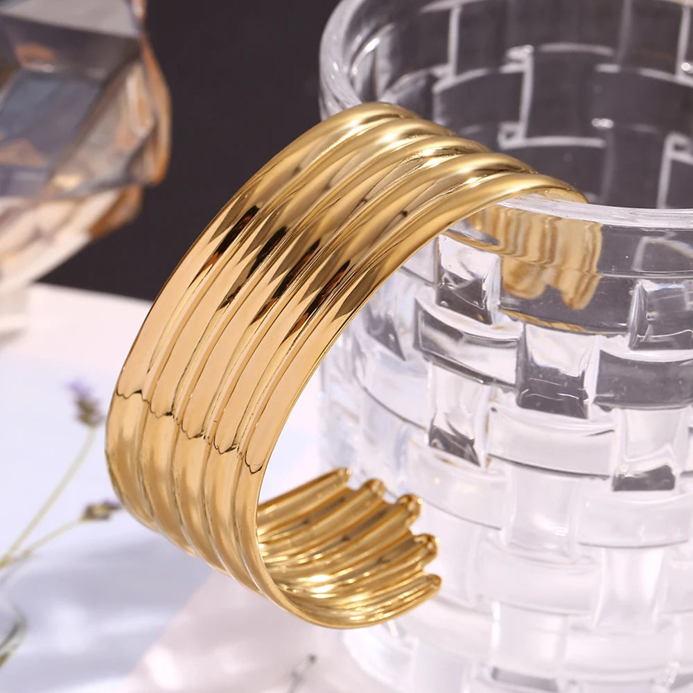 E.B.belle Exaggerated Multi layered Wide Faced Open Bracelet 18K Gold Plated Jewelry 316L Stainless Steel Women's Hand Bracelets