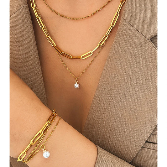 Stainless Steel Jewelry Set Elegant Delicate Pearl Pendant