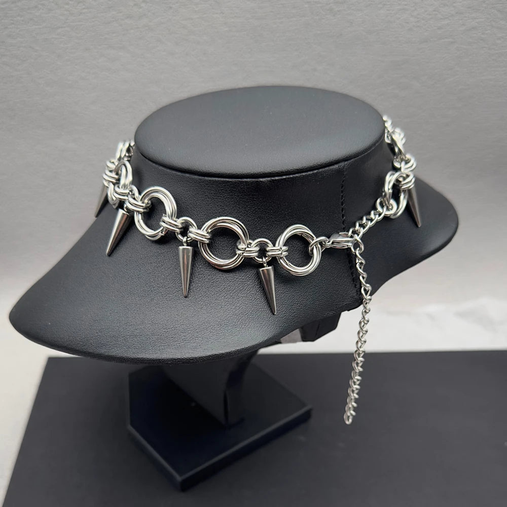Goth Spiky Choker Necklace Handmade Stainless Steel Rivet Spike Necklace