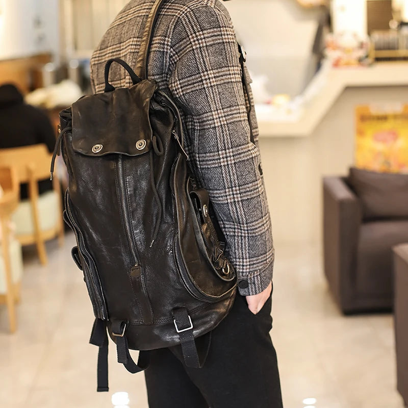 Men's Backpack Zipper Retro Old Leather Shoulder School Bag Mobile Phone Bag Fashion Dark Wind Soft Youth Black Travel Backpacks