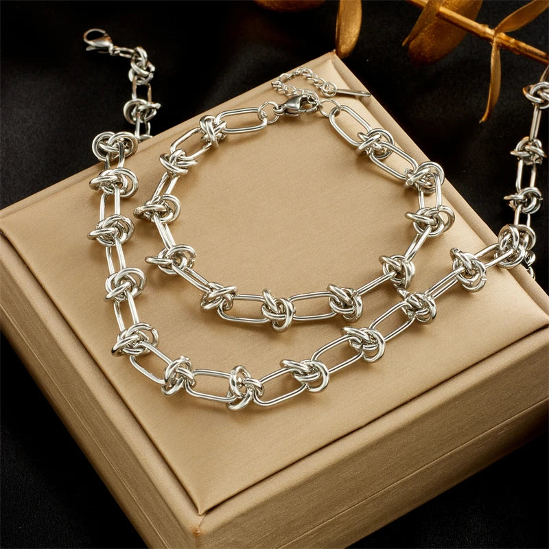 Stainless Steel Gold Silver Color Twist Knot Necklace Bracelets  Set - BOGO Free 🔥